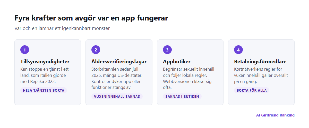 Fyra krafter som begränsar AI-kompanjonappar land för land: tillsynsmyndigheter, åldersverifieringslagar, appbutiker och betalningsförmedlare