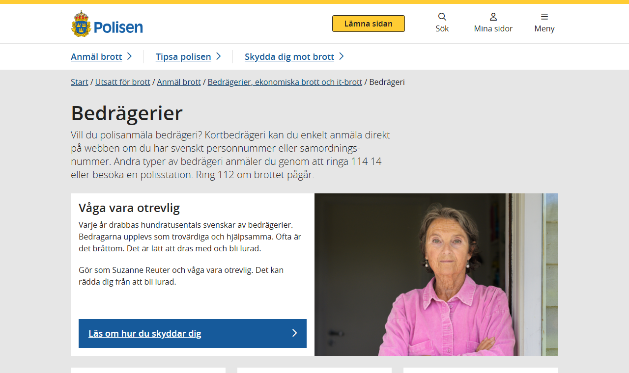 Polisens sida om bedrägerier, där romansbedrägeri finns bland de beskrivna bedrägerityperna