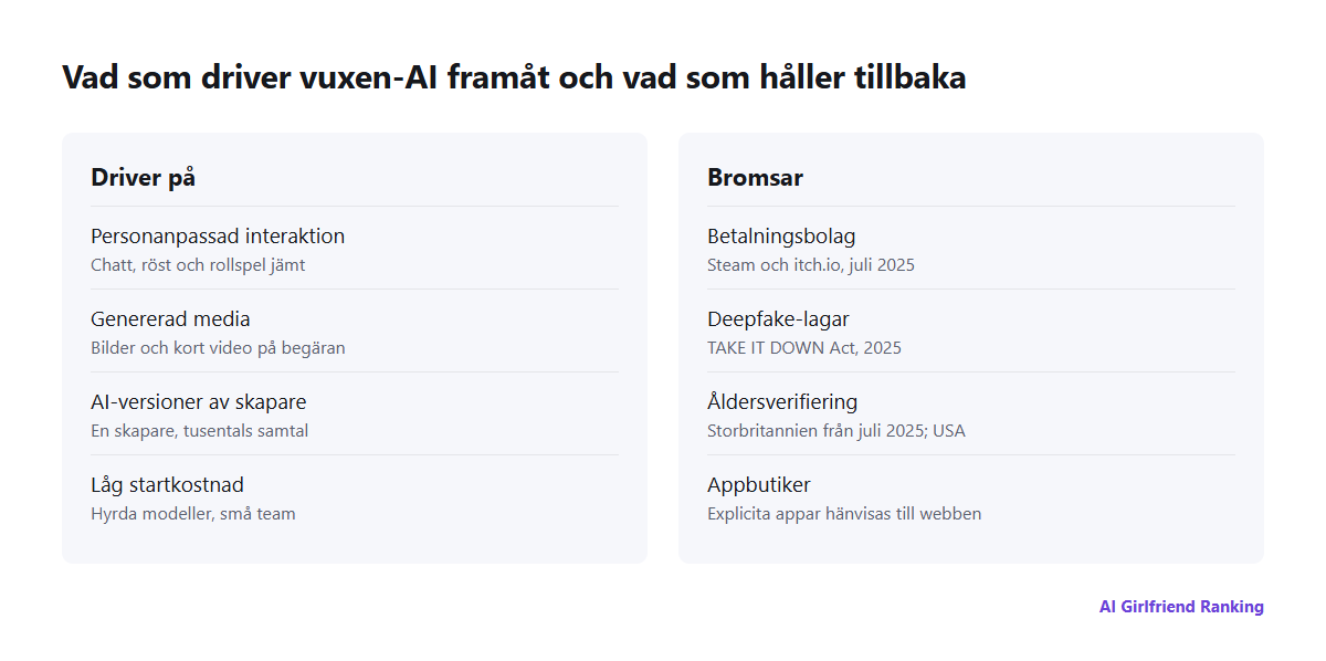 Krafter som formar AI i vuxenbranschen: personanpassning, genererad media och AI-kloner driver på; betalningsbolag, deepfake-lagar, ålderskontroller och appbutiker bromsar
