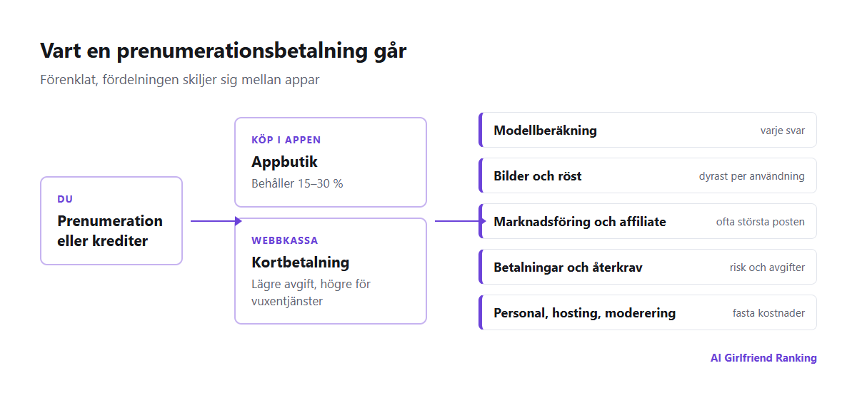 Diagram över hur pengarna flödar genom en AI-kompanjonapp: användaren betalar via en appbutik eller webbkassa, butiken tar en provision, och företaget betalar för modellberäkning, bild- och rösttillverkning, betalningshantering, affiliateprovisioner och personal
