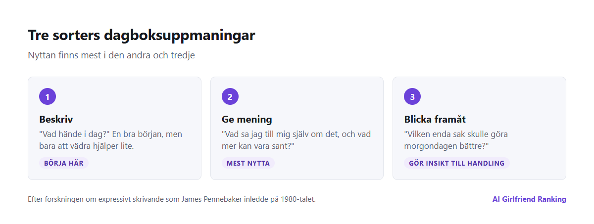 Tre sorters dagboksuppmaningar till en AI-kompanjon: sådana som beskriver, sådana som ger händelser mening och sådana som blickar framåt, med ett exempel på varje