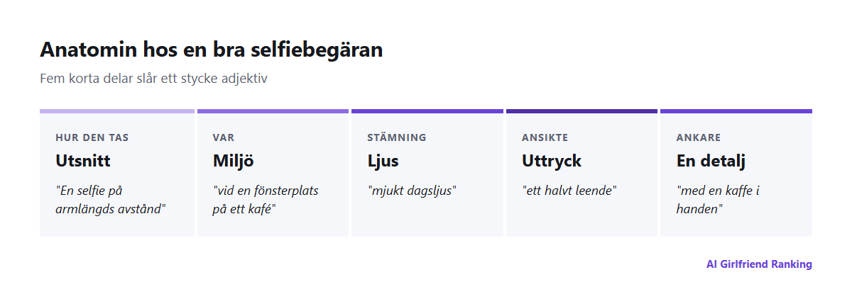 Anatomin hos en begäran om AI-selfie: bildutsnitt, miljö, ljus, uttryck och en detalj, med ett exempel för varje