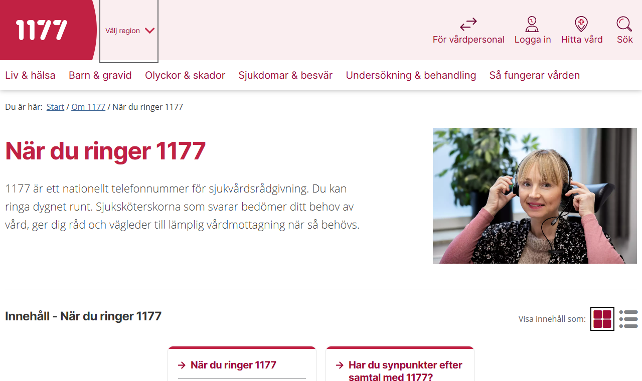 Webbplatsen för 1177 Vårdguiden, med information om när du ringer 1177