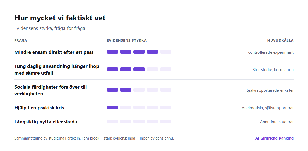 Diagram som sammanfattar evidensen: stark evidens för kortsiktig lindring av ensamhet, måttlig evidens för att tung användning hänger ihop med sämre utfall, svag evidens för långsiktig nytta eller skada
