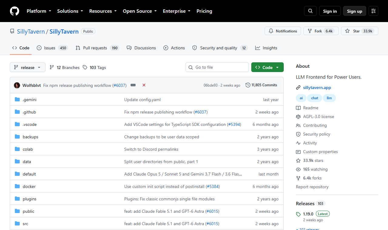 SillyTaverns projektsida på GitHub