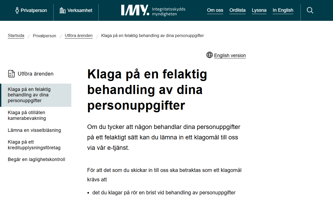 IMY:s sida om hur du lämnar ett klagomål